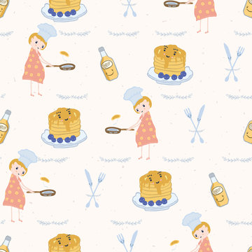 Cute Girl Cook With Pancake And Chef Hat Vector Illustration. Seamless Repeating Pattern. Hand Drawn Kawaii Frying Pan, Syrup Bottle, Flipping Blueberry Pancakes. National Day Foodie Celebration.