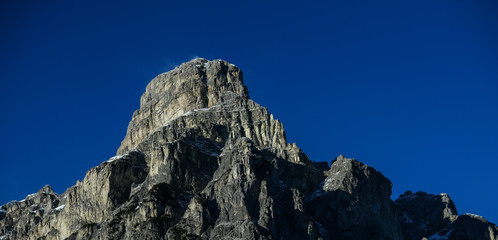 Sassongher peak seen from Corvara in Badia in the Dolomites, South Tyrol, Italy. Beautiful winter sunny day