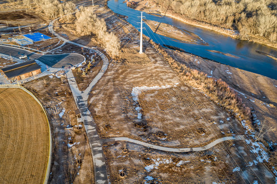 newly rebuilt riverside park aerial view