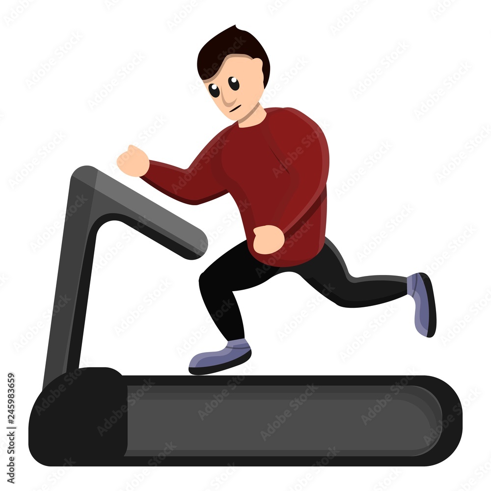 Poster man running at treadmill icon. cartoon of man running at treadmill vector icon for web design isolat