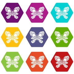 Butterfly with big wings icons 9 set coloful isolated on white for web