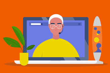 Online consultant. Operator wearing a headset. Video call. Modern technologies. Artificial intelligence. Chat bot. Young male character on a laptop screen. Flat editable vector illustration, clip art