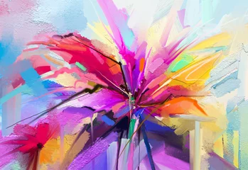 Abstraktes buntes Öl, Acrylgemälde der Frühlingsblume. Handgemalter Pinselstrich auf Leinwand. Illustrationsölgemälde mit Blumen für den Hintergrund. Gemälde Blumen der modernen Kunst mit gelber, roter Farbe. © nongkran_ch