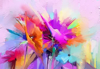Abstraktes buntes Öl, Acrylgemälde der Frühlingsblume. Handgemalter Pinselstrich auf Leinwand. Illustrationsölgemälde mit Blumen für den Hintergrund. Gemälde Blumen der modernen Kunst mit gelber, roter Farbe. © nongkran_ch