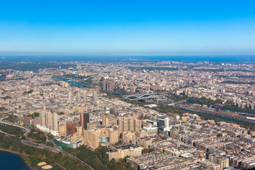 Fototapeta na wymiar Washington heights in New York in USA. Upper Manhattan. Aerial helicopter view