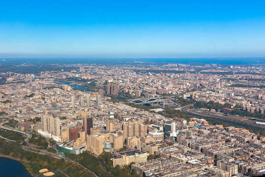 Washington heights in New York in USA. Upper Manhattan. Aerial helicopter view