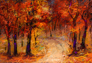Obrazy  Obraz olejny kolorowe jesienne drzewa. Semi abstrakcyjny obraz lasu, drzew osiki z żółto - czerwonym liściem i jeziorem. Jesień, jesień sezon natura tło. Ręcznie malowany impresjonista, krajobraz zewnętrzny