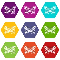 Butterfly with abstract patterning on wings icons 9 set coloful isolated on white for web
