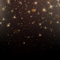 Gold glittering star dust sparkling particles on dark background. EPS 10