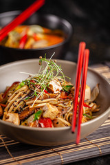 The concept of Japanese cuisine. Chinese noodles with chicken, grilled vegetables, and tofu in unagi sauce. Serving Asian dishes in the restaurant in a plate on a bamboo mat. Top view, copy space