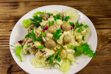 Potato salad with marinated mushrooms, eggs, red onion and mayonnaise on wooden table