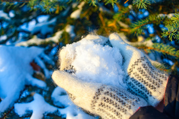 white handmade mittens on snow on blue spruce