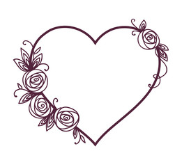 Heart shape with roses. Valentines day, wedding, birthday design. Isolated on white background.