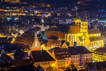 Germany, Famous church and frame houses of medieval city esslingen am neckar at christmas market...