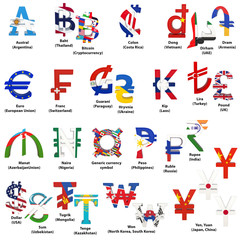 Set of world currency symbols with national flags. Alphabet of currency symbols of different countries. 3D rendering isolated on white.