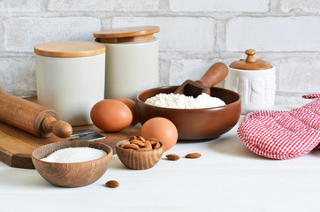 Ingredients for baking: flour, sugar, eggs, spices.
