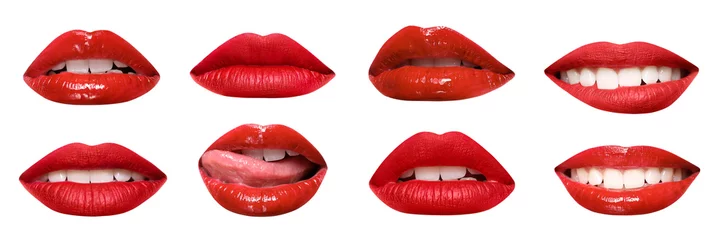 Fotobehang Set of mouths with beautiful make-up isolated on white. Red lipstick © New Africa
