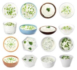 Set of delicious sour cream with herbs in bowls on white background