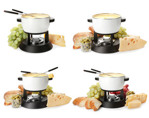 Modern fondue set on white background. Kitchen equipment