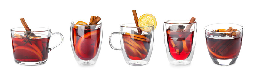 Set of traditional Christmas mulled wine in different glasses on white background