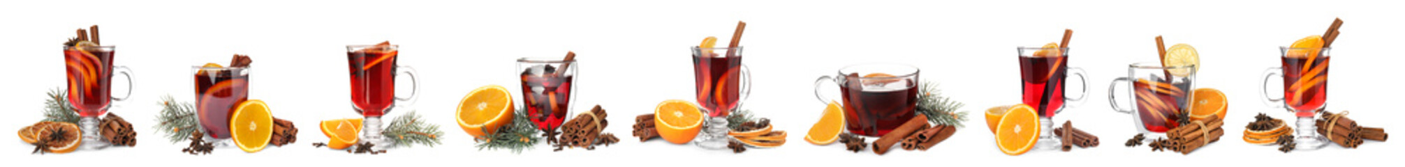 Set of traditional Christmas mulled wine in different glasses on white background