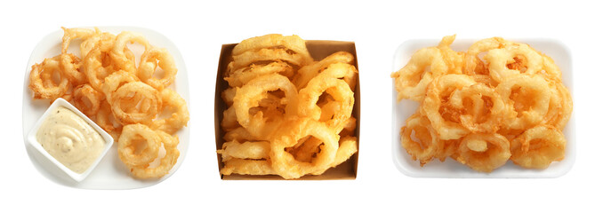 Set of delicious fried crispy onion rings on white background, top view