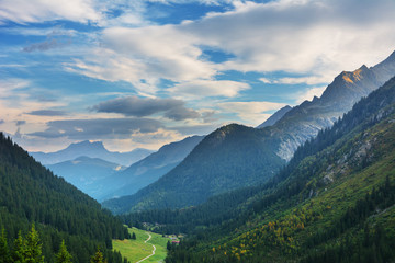 Evening, night and morning camping tents in France with beautiful views of the Alpine Mountains.