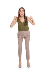 Young woman celebrating victory on white background