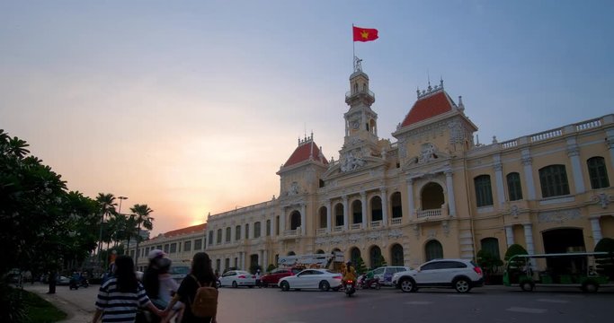 Ho Chi Minh city, Vietnam. Time lapse, timelapse landscape skyline Ho Chi Minh City People's Committee in a sunny day. Royalty high-quality free stock footage time lapse day to sunset and night