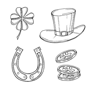 Hand drawn doodle vintage set for St Patrick's day. St. Patrick's hat, horseshoe, four-leaf clover and gold coins. Lettering. Engraving illustrations