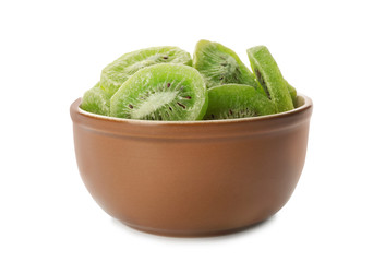 Bowl with slices of kiwi on white background. Dried fruit as healthy food