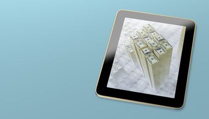 Generic Tablet displaying a Skyscraper of dollar banknotes peaking through the clouds - 3D Rendering 