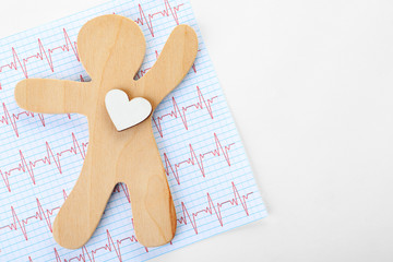 Human figure with heart and cardiogram on white background, top view. Space for text