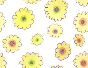 Seamless pattern with bright yellow daisies painted in watercolor on white isolated background