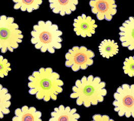 Seamless pattern with simple yellow flowers painted in watercolor on black isolated background