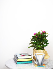 Greeting card with flower, rose, books, coffee cup