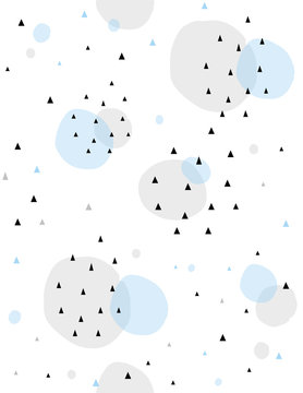 Cute Abstract Vector Pattern. Irregular Big Blue and Gray Polka Dots and Black Little Triangles. Lovely Bright and Geometric Layout. White Background. Modern Simple Design.