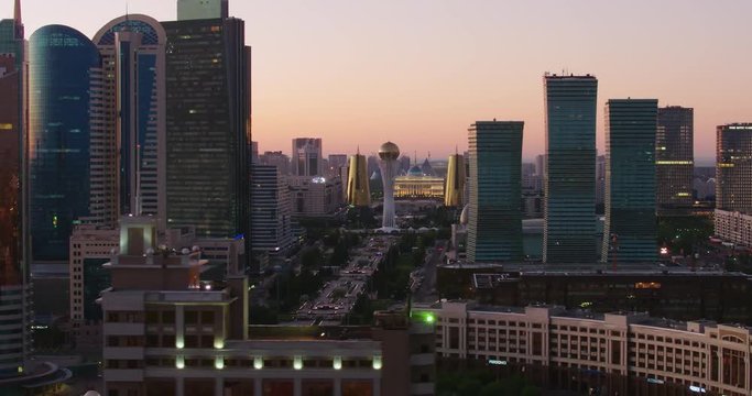 Aerial view of city center at sunset. Astana, Kazakhstan.