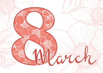 8 march wallpaper with hellebore hand drawn flowers. Greeting light background in living coral color.