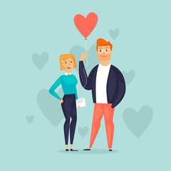 Lovers February 14th. St. Valentine's Day. Guy gives a balloon in the form of a heart, a couple. Flat design vector illustration. 