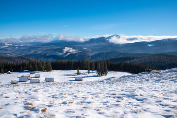 Beautiful winter panoramic view snow capped mountains