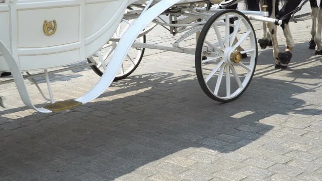 A white horse-drawn cab on an old street.