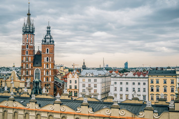 Fototapeta na wymiar High up cityscape view of the town square in Krakow, Poland