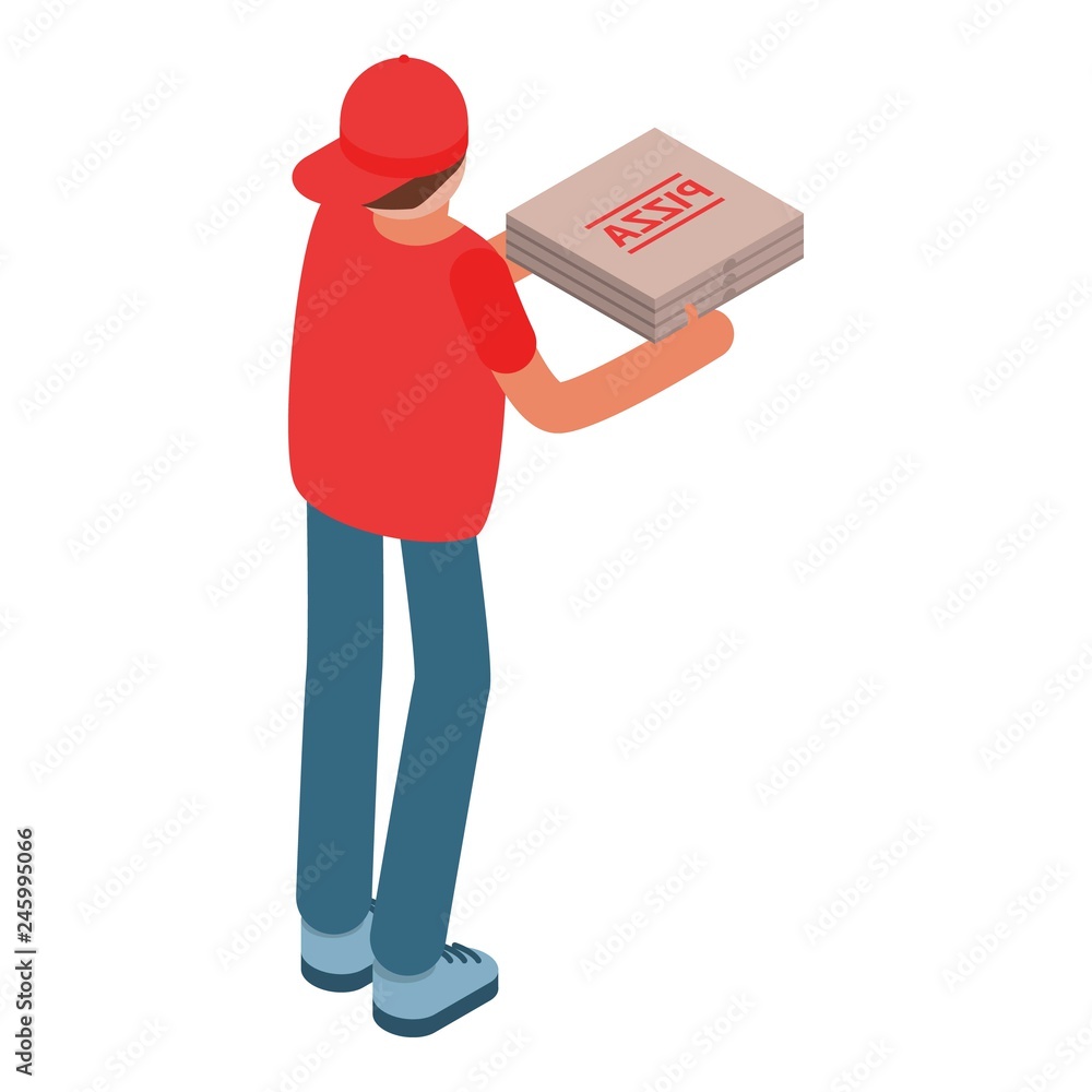 Poster man delivery give pizza box icon. isometric of man delivery give pizza box vector icon for web desig