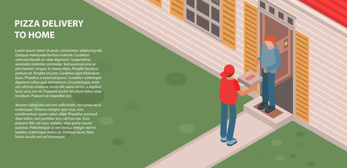 Pizza delivery to home banner. Isometric illustration of pizza delivery to home vector banner for web design