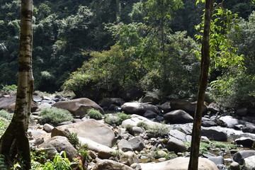 Beautiful green jungle landscape with a river and many big stones in Khao Sok National Park in Thailand, Asia