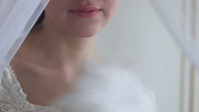 Young beautiful lips and shoulders of woman in white wedding dress, girl waving feather fan on white background half face real people series