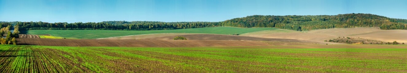 Naklejka premium Big panoramic view of colored lines of fields