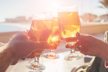 Group of happy friends drinking beer outdoors together - hands with beer glasses clinking on a sunny backgraund - concept of friendship and celebration