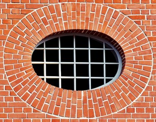 Close up of a red brick wall with an oval Window